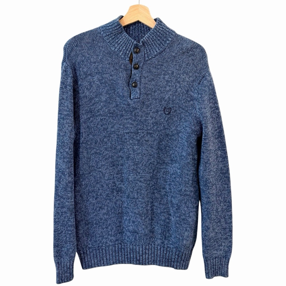 Chaps Ralph Lauren Sweater Men Blue Cotton Knit Henley Mock Neck Pullover Size M